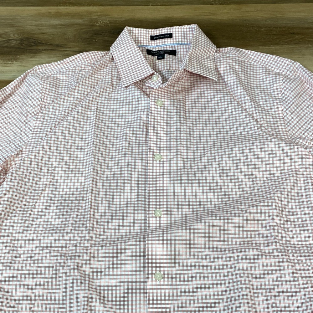 Banana Republic Button Down Mens L Grant Slim Fit Non-Iron Red White Modern Work